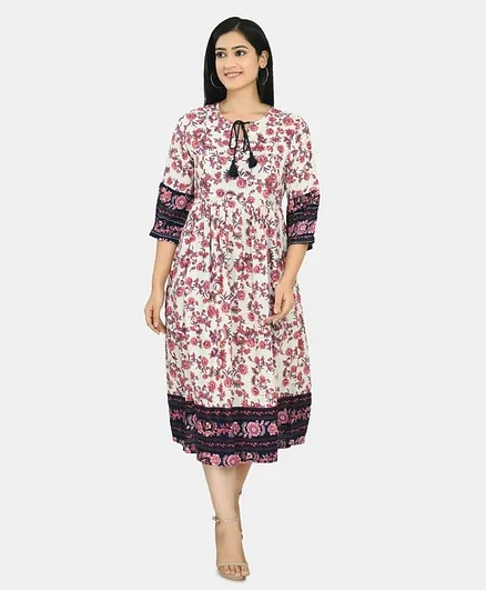 Aaruvi Ruchi Verma Three Fourth Sleeves Floral Print Maternity Dress - White & Red