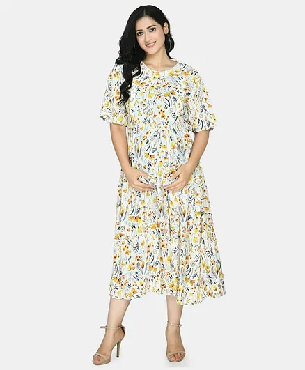 Aaruvi Ruchi Verma Half Sleeves Floral Print Maternity Dress - Off White