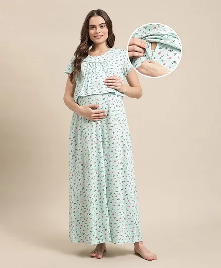 Bella Mama Half Sleeves Maternity Cowl Neck Floral Print Nighty - Green