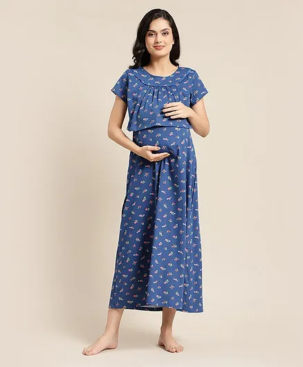 Bella Mama Half Sleeves Maternity Nighty Floral Print - Blue