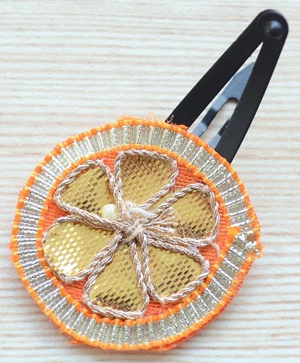 Pretty Ponytails Ethnic Gota Flower Detailing Hair Clip - Orange & Gold