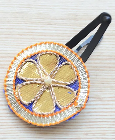 Pretty Ponytails Ethnic Gota Flower Detailing Hair Clip - Gold & Blue