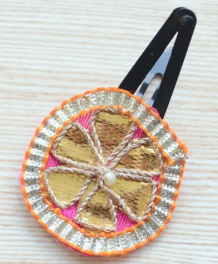 Pretty Ponytails Ethnic Gota Flower Detailing Hair Clip - Gold & Pink