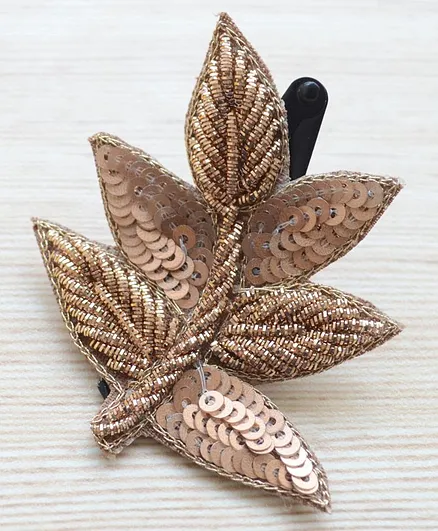 Pretty Ponytails Ethnic Zardozi Sequin Leaf Design Hair Clip - Golden