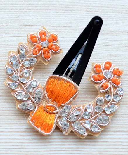 Pretty Ponytails Ethnic Zardozi Beaded Stone Flower Moon Hair Clip - Gold Orange