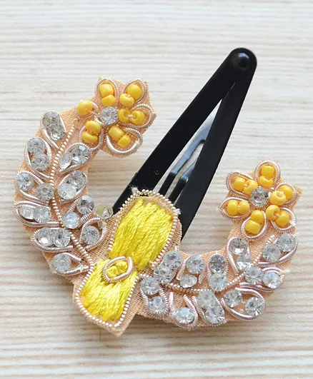 Pretty Ponytails Ethnic Zardozi Beaded Stone Flower Moon Hair Clip - Gold Yellow