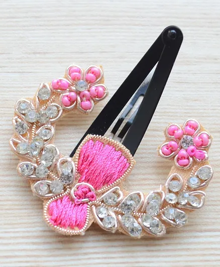 Pretty Ponytails Ethnic Zardozi Beaded Stone Flower Moon Hair Clip - Gold Pink