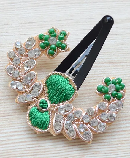 Pretty Ponytails Ethnic Zardozi Beaded Stone Flower Moon Hair Clip - Gold Green
