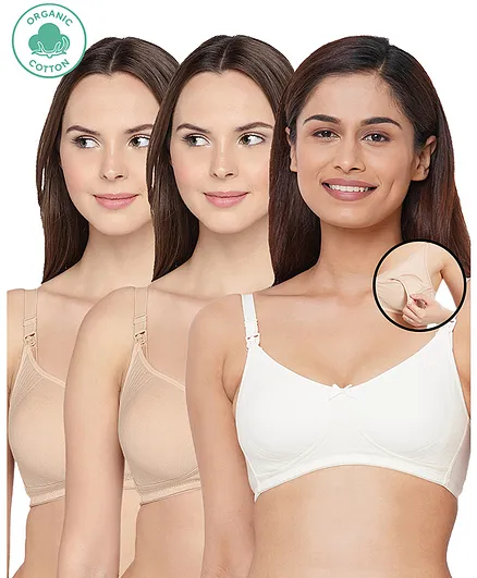 Inner Sense Pack Of 3 Organic Cotton Antimicrobial Solid Colour Nursing Bra - Beige & White