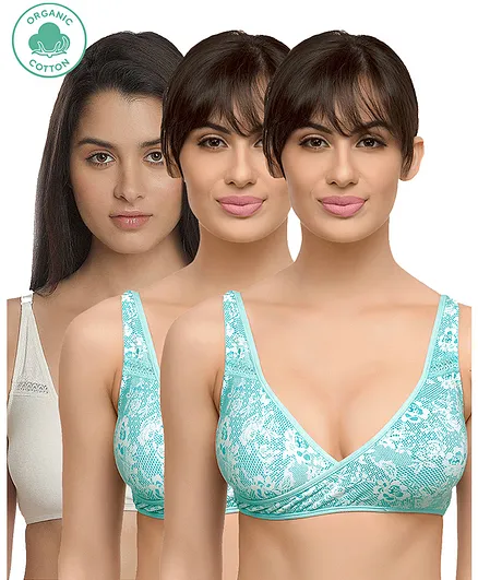Inner Sense Floral Lace Pack Of 3 Organic Antimicrobial Sleeping Feeding Bra - Blue
