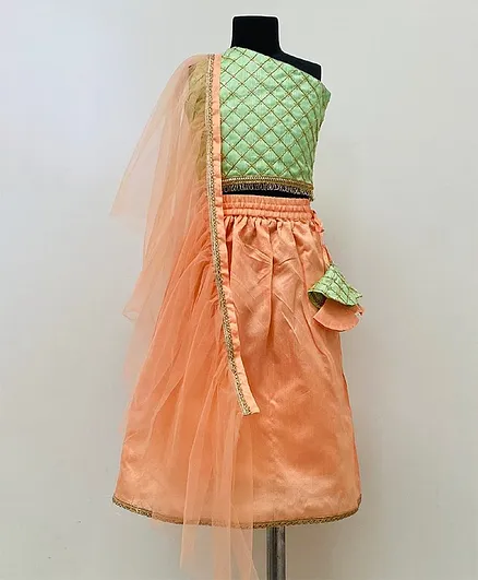 My Pink Closet Sleeveless Brocade Choli With Lehenga & Ruffled Dupatta - Green Peach
