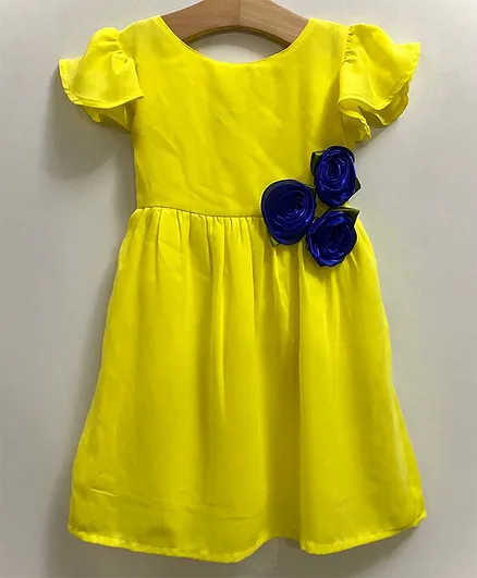 My Pink Closet Short Flutter Sleeves Floral Applique Dress - Yellow