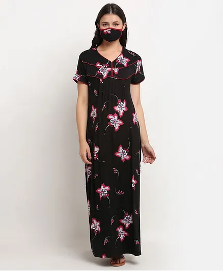 FASHIONABLY PREGNANT Half Sleeves Floral Print Nighty - Black