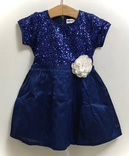My Pink Closet Flower At Waistline Short Sleeves Sequined Dress - Navy Blue