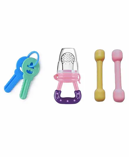 Enorme Baby Silicone Feeding Fruit Food Nibbler with Plastic Teether Keys and Sticks - Pink