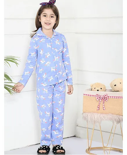 Lilpicks Couture Full Sleeves Unicorn Print Night Suit - Purple