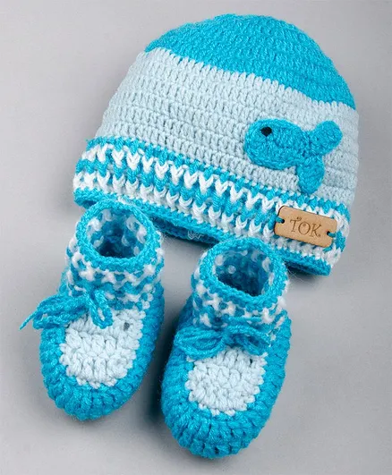 The Original Knit Handmade Fish Embellished Cap & Booties - Blue