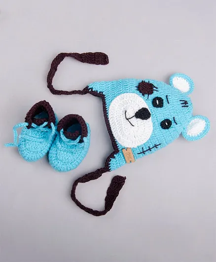The Original Knit Handmade Teddy Cap With Booties - Blue