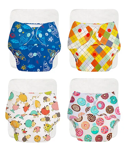 Basic Reusable Cloth Diapers With Inserts Rocket Print Pack of 4 (Colour May Vary)