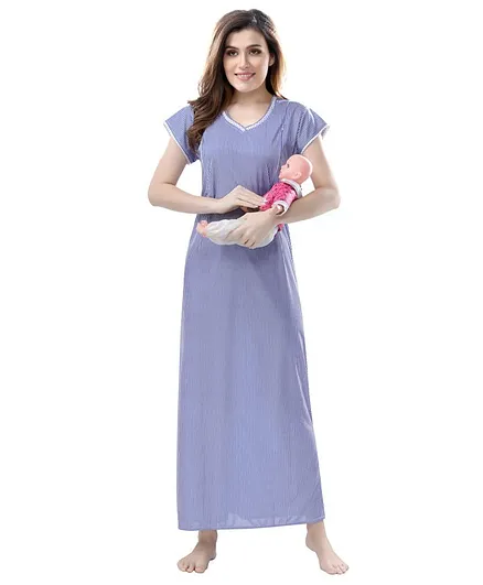 Piu Striped Half Sleeves Feeding Nighty - Blue