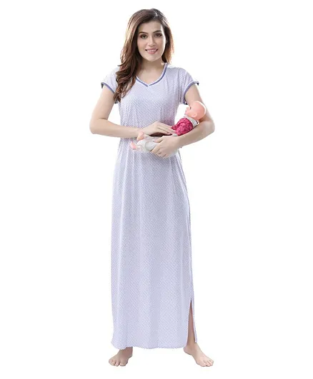 Piu Polka Dot Print Half Sleeves Feeding Nighty - Blue