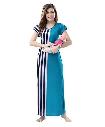 Piu Striped Half Sleeves Feeding Nighty - Blue