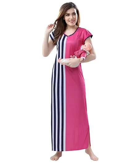 Piu Striped Half Sleeves Feeding Nighty - Pink