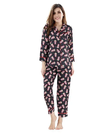 Piu Popcorn Print Full Sleeves Night Suit - Black