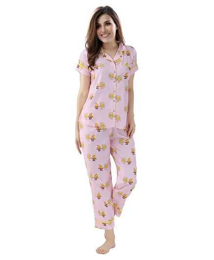 Piu Pizza Slice Print Full Sleeves Night Suit - Pink