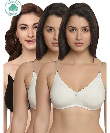 Inner Sense Pack Of 3 Solid Colour Organic Cotton Antimicrobial Backless Non-Padded Seamless Bra - White & Black