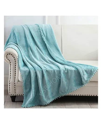 BSB Home Pom Pom Fringe All Season Microfibre Blanket - Blue