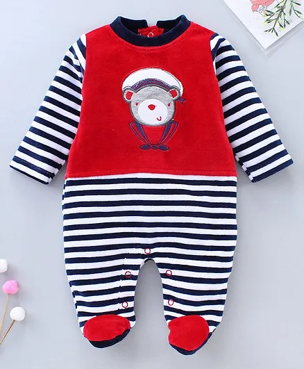 Wonderchild Full Sleeves Teddy Patch Velour Romper - Red Navy
