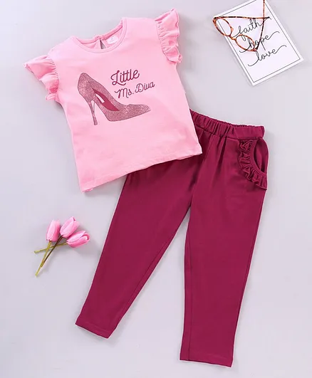 Ollington St. Half Sleeves Top & Pants Set Text Print - Pink