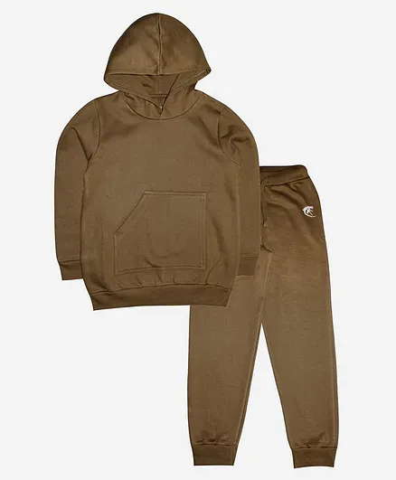 Kiddopanti Solid Full Sleeves Hoodie & Track Pant Set - Brown