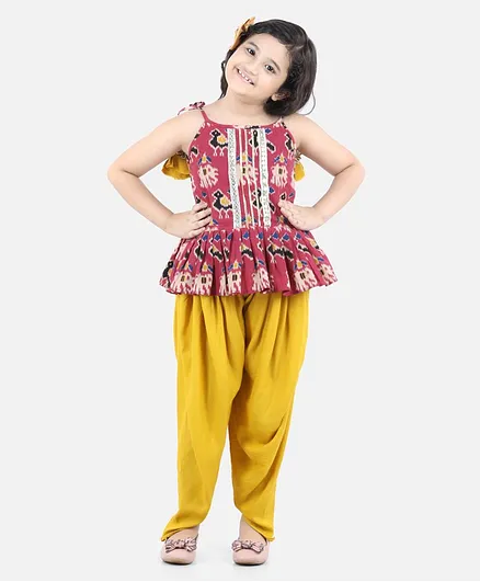 Fairies Forever Sleeveless Kalamkari Peplum Top With Dhoti - Maroon & Yellow