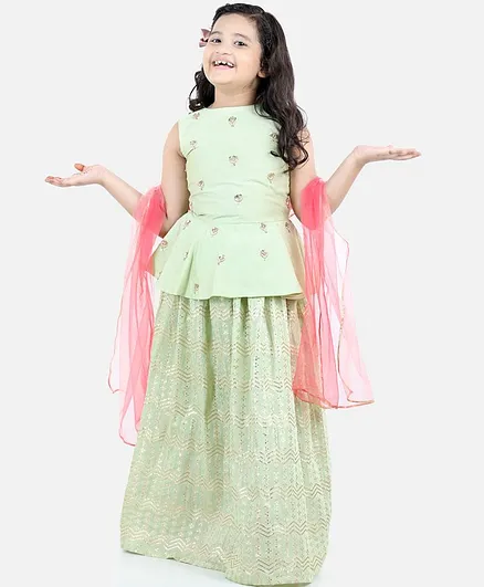 Fairies Forever Sleeveless Peplum Top With Zari Skirt & Dupatta Set - Sea Green
