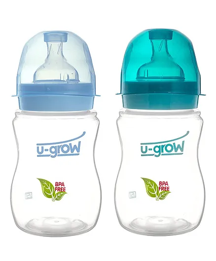 U-grow Anti Colic Wide Neck Feeding Bottle Pack of 2 Blue - 250 ml each
