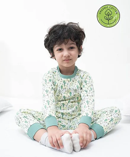 Keebee Organic Cotton Full Sleeves Cactus Print Nightsuit - Green