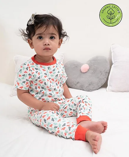 Keebee Organic Cotton Half Sleeves Paper Boat Print Nightsuit - Off-White