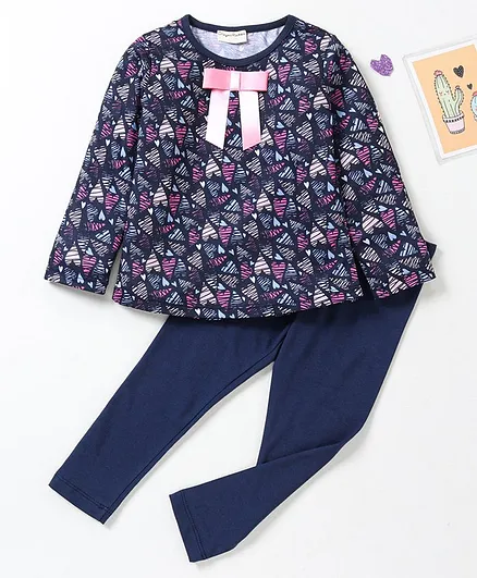 CrayonFlakes Full Sleeves Hearts Print Top With Leggings - Navy Blue