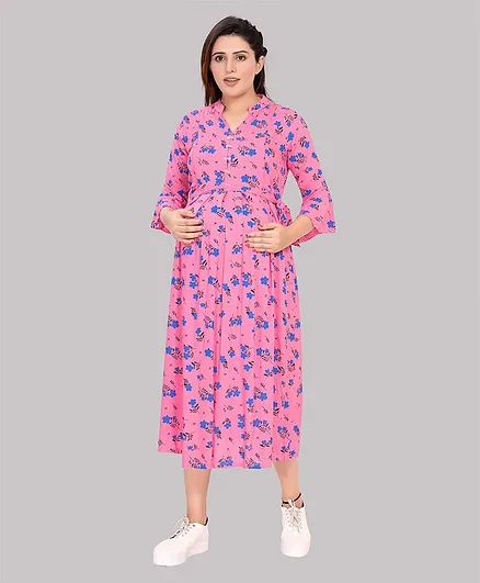 Mamma's Maternity Three Fourth Sleeves Floral Print Nursing Dress - Pink