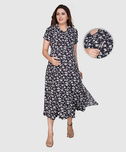 Mamma's Maternity Half Sleeves Floral Print Nursing Dress - Black