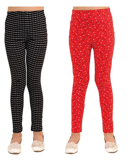 Kids Cave Flower Printed Ankle Length Pack Of 2 Leggings - Black & Red
