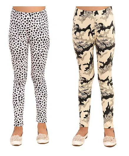 Kids Cave Combo Pack Of 2 Camo & Heart Print Leggings - Beige White