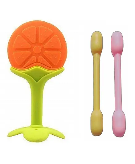 Enorme Silicone Orange Fruit Shaped Teether with Dumbler Teether - Multicolour