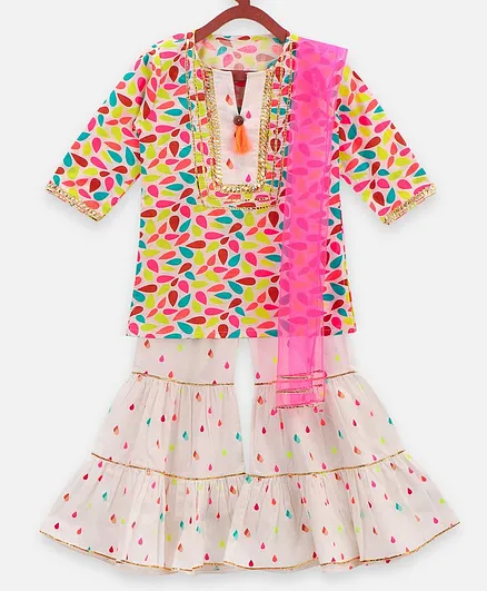 Lilpicks Couture Three Fourth Sleeves Droplet Printed Gota Patti Lace Work Kurti With Sharara & Dupatta Set - Multicolor