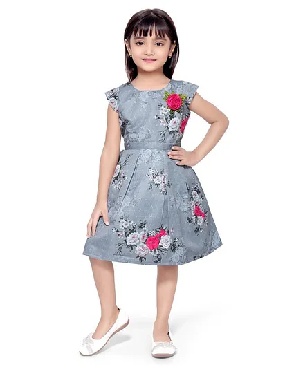 Doodle Girls Clothing Cap Sleeves Floral Printed Dress - Grey