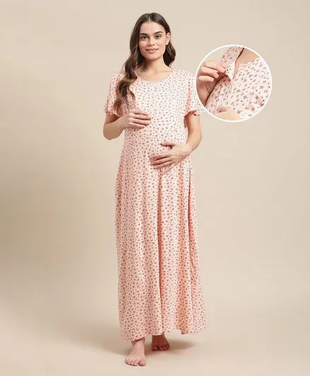 Bella Mama Half Sleeves Maternity Nighty - Pink