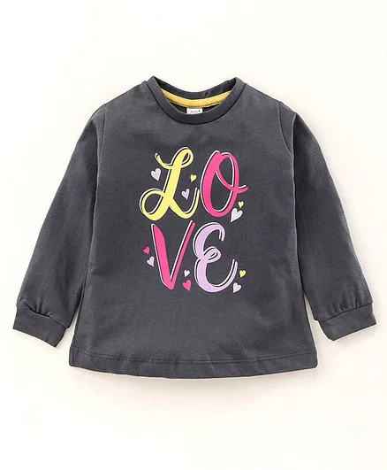Pink Rabbit Full Sleeves Top Text Print - Grey