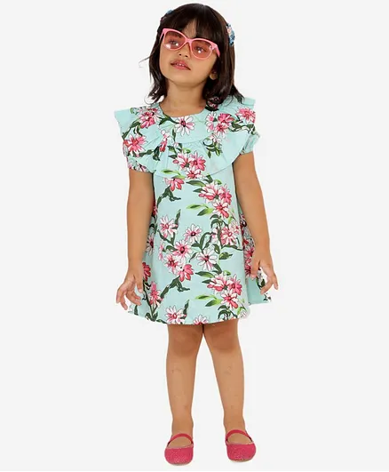 KIDSDEW Half Sleeves Floral Print Dress - Mint Green
